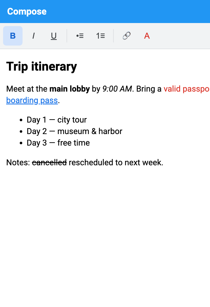 RichTextArea with a formatting toolbar editing styled content
